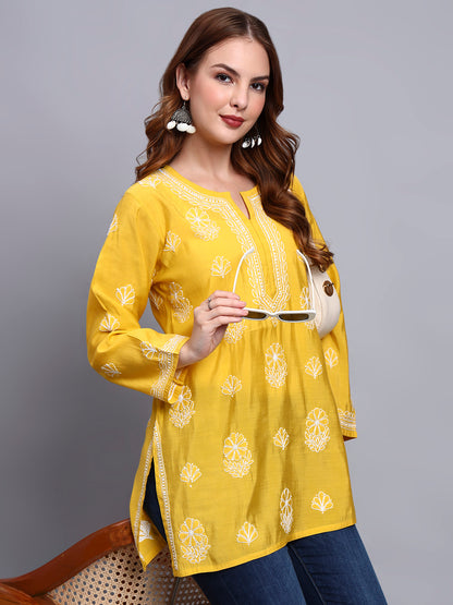 Women Hand Embroidered Chikankari Chanderi Short Kurti-AL4090 Yellow
