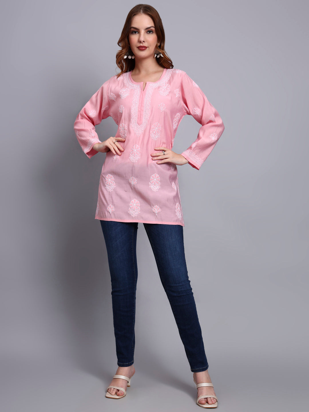 Women Hand Embroidered Chikankari Chanderi Short Kurti-AL4090 Pink