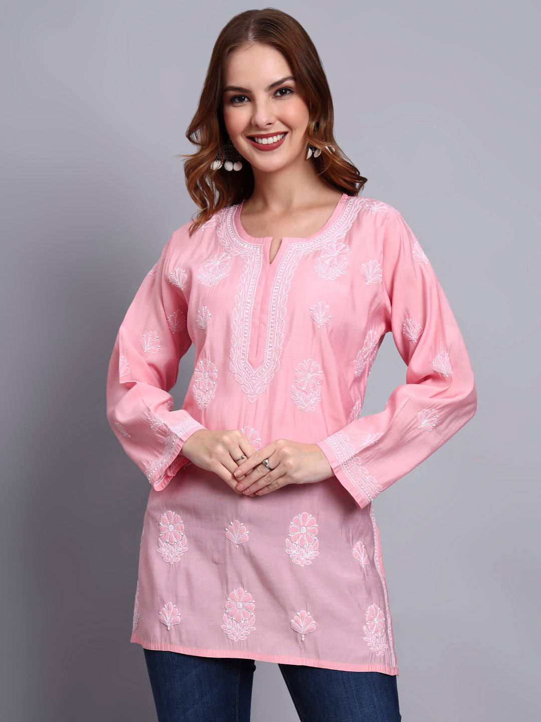 Women Hand Embroidered Chikankari Chanderi Short Kurti-AL4090 Pink