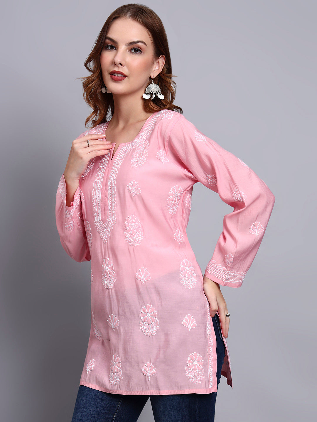 Women Hand Embroidered Chikankari Chanderi Short Kurti-AL4090 Pink