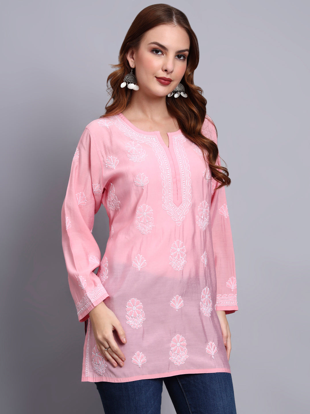 Women Hand Embroidered Chikankari Chanderi Short Kurti-AL4090 Pink