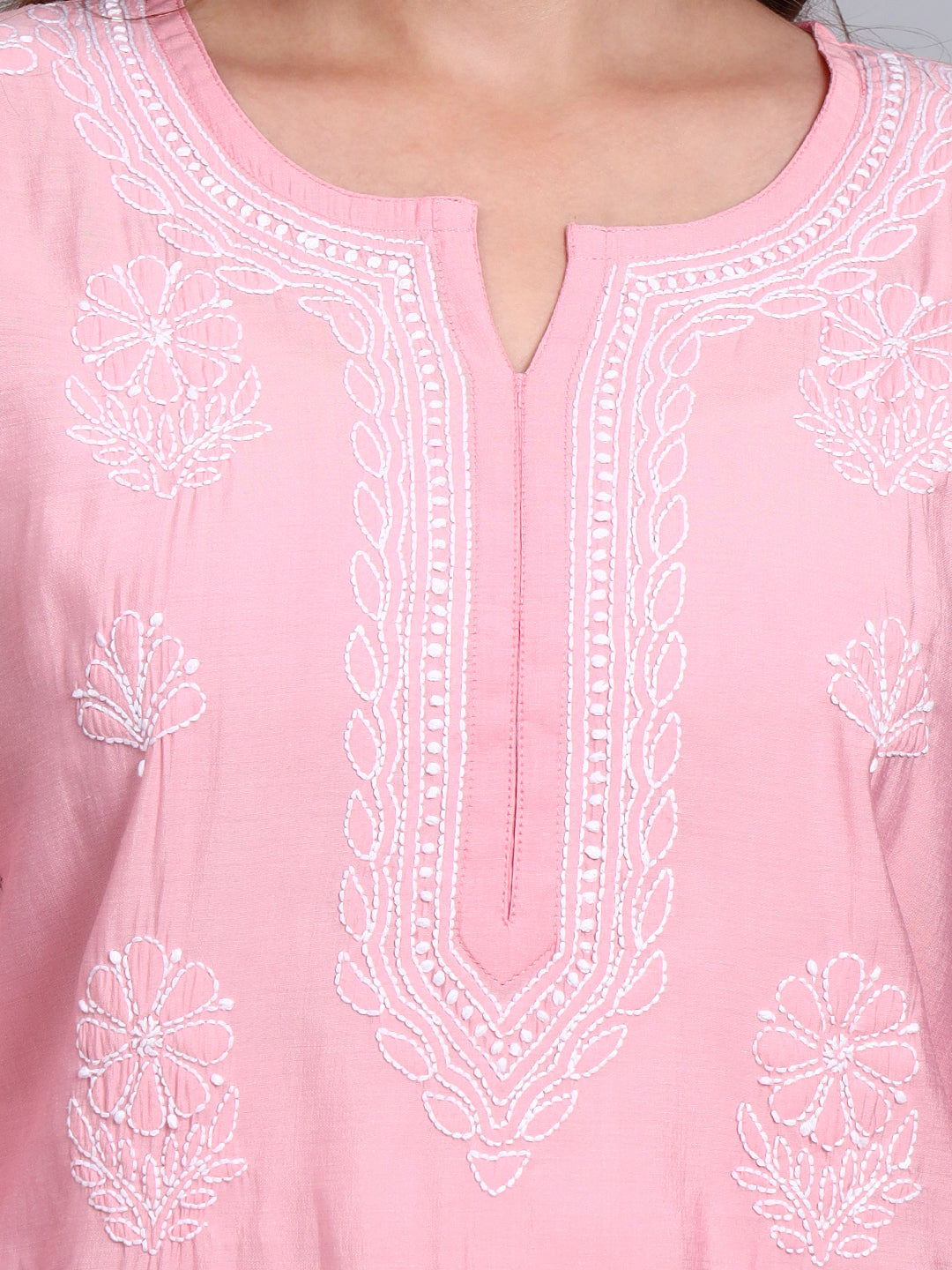 Women Hand Embroidered Chikankari Chanderi Short Kurti-AL4090 Pink