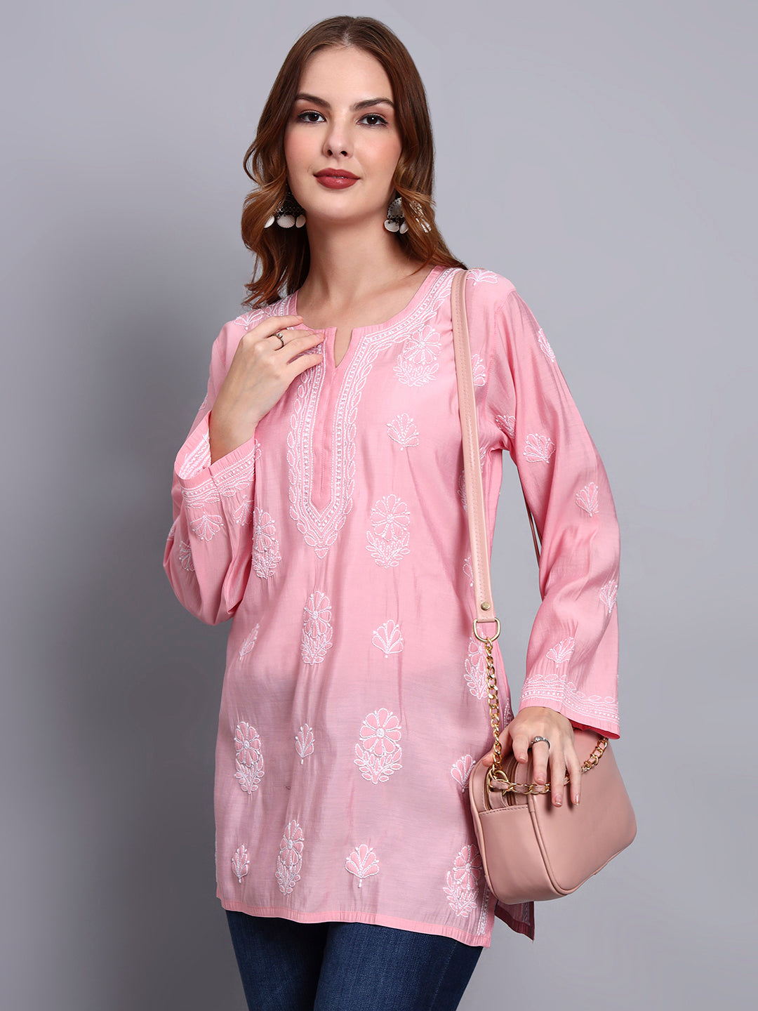 Women Hand Embroidered Chikankari Chanderi Short Kurti-AL4090 Pink