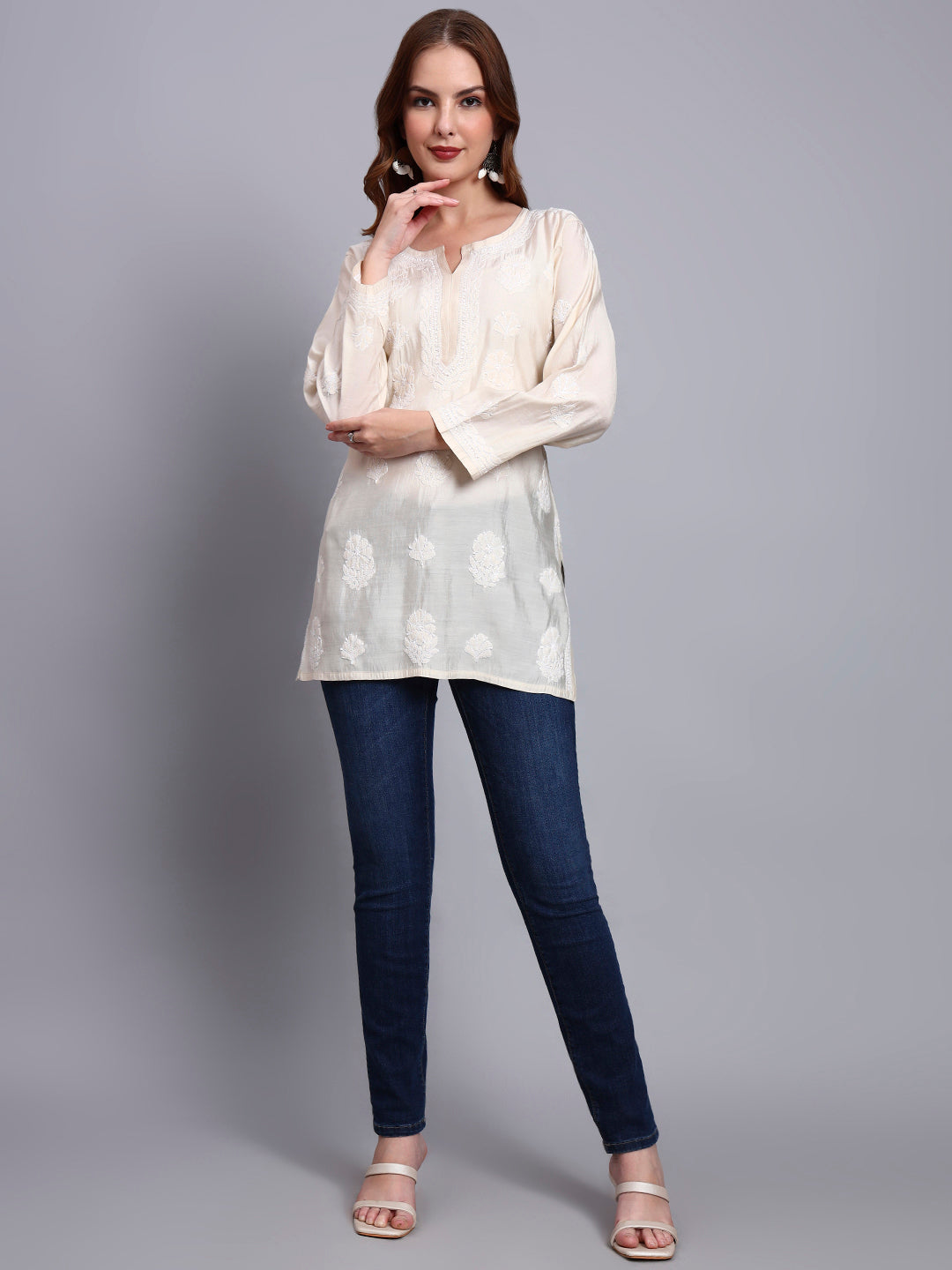 Women Hand Embroidered Chikankari Chanderi Short Kurti-AL4090 Beige