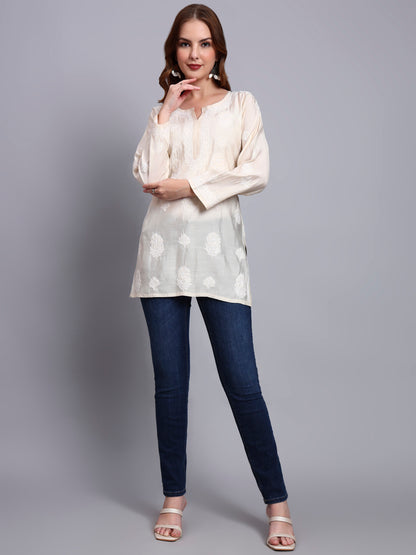 Women Hand Embroidered Chikankari Chanderi Short Kurti-AL4090 Beige