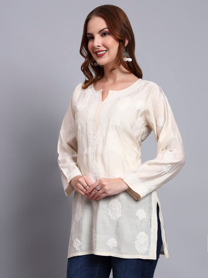Women Hand Embroidered Chikankari Chanderi Short Kurti-AL4090 Beige