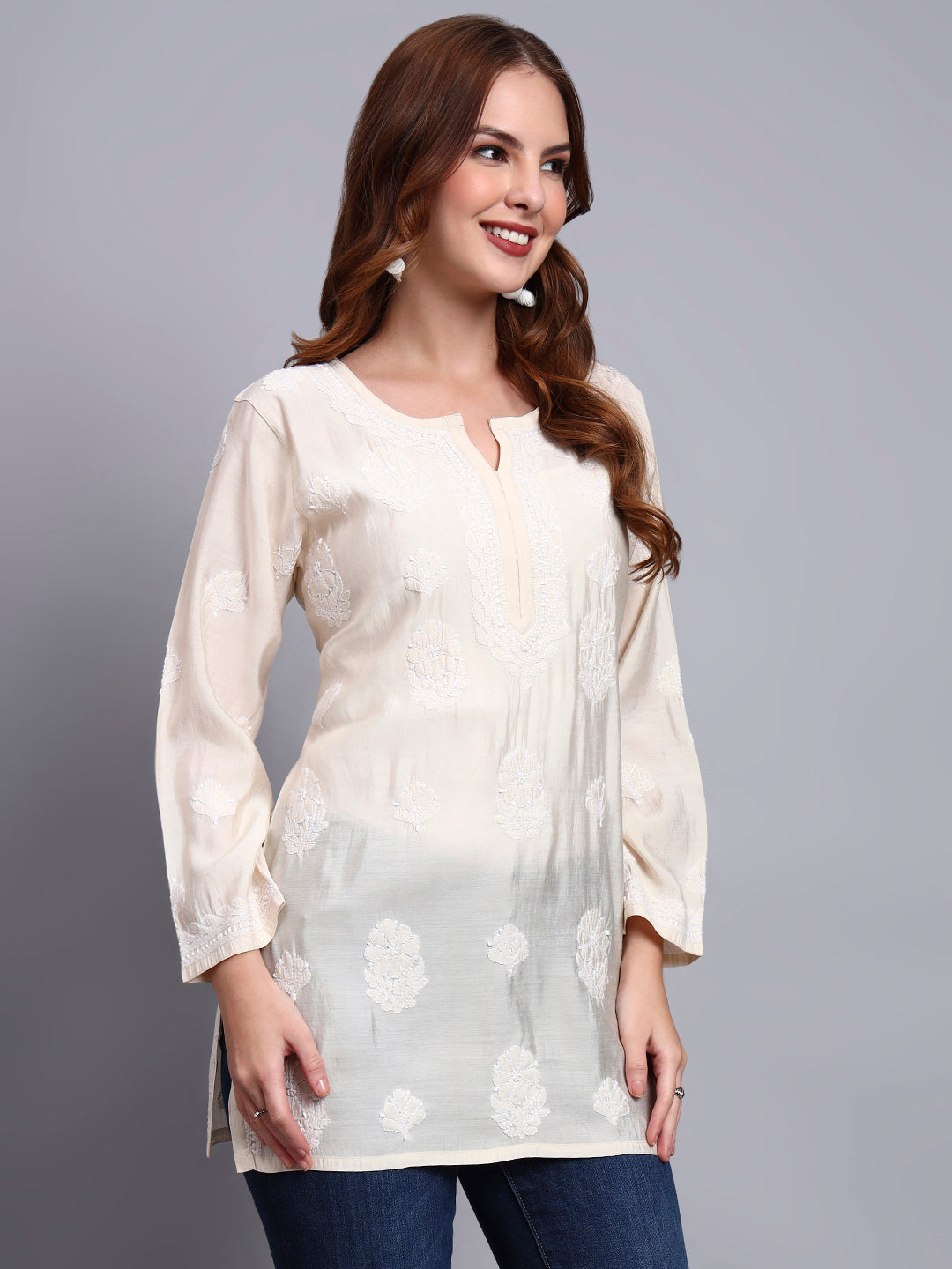 Women Hand Embroidered Chikankari Chanderi Short Kurti-AL4090 Beige