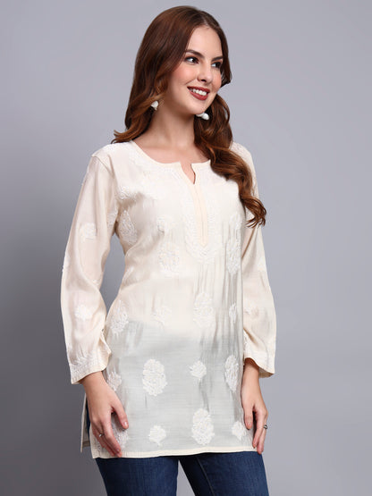 Women Hand Embroidered Chikankari Chanderi Short Kurti-AL4090 Beige