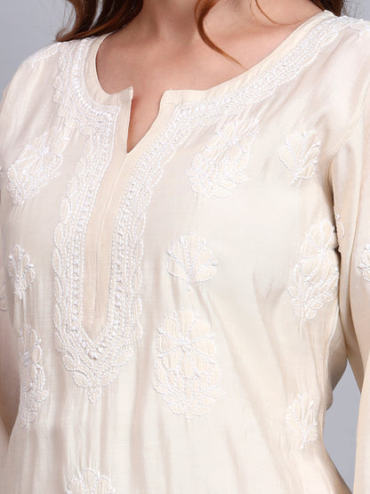 Women Hand Embroidered Chikankari Chanderi Short Kurti-AL4090 Beige