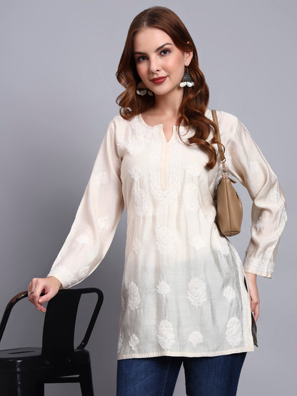 Women Hand Embroidered Chikankari Chanderi Short Kurti-AL4090 Beige