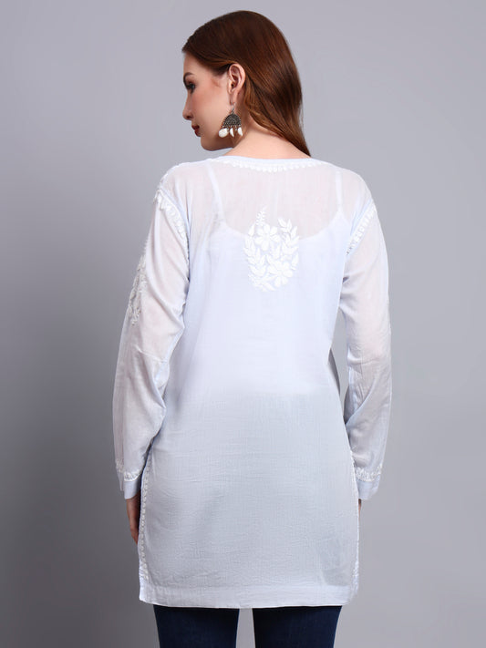 Women Hand Embroidered Chikankari Mulmul Short Top -AL3724 Lavender