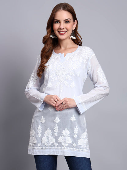 Women Hand Embroidered Chikankari Mulmul Short Top -AL3724 Lavender