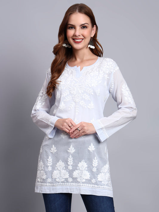 Women Hand Embroidered Chikankari Mulmul Short Top -AL3724 Lavender