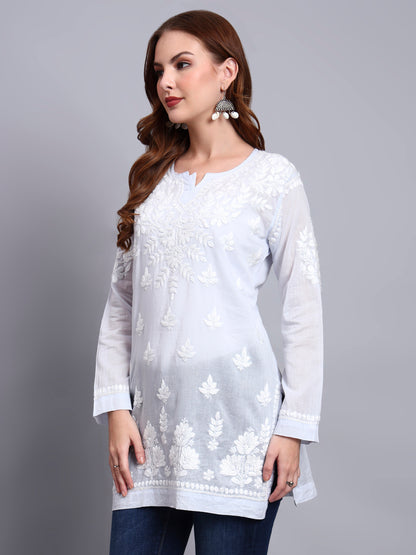 Women Hand Embroidered Chikankari Mulmul Short Top -AL3724 Lavender