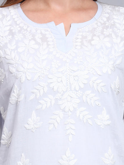 Women Hand Embroidered Chikankari Mulmul Short Top -AL3724 Lavender