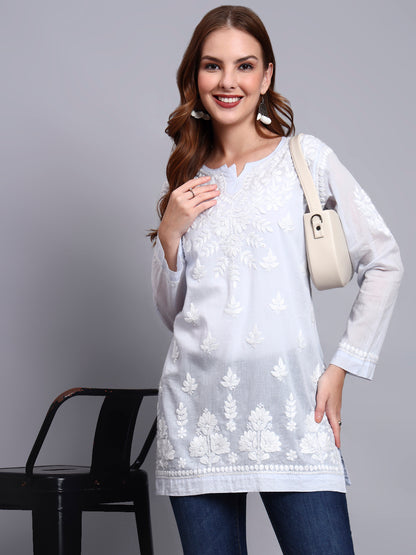 Women Hand Embroidered Chikankari Mulmul Short Top -AL3724 Lavender