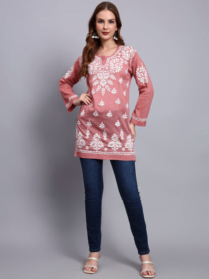Women Hand Embroidered Chikankari Mulmul Short Top -AL3724 Rust