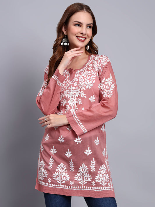 Women Hand Embroidered Chikankari Mulmul Short Top -AL3724 Rust