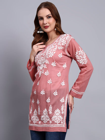 Women Hand Embroidered Chikankari Mulmul Short Top -AL3724 Rust