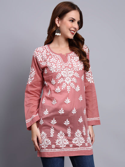 Women Hand Embroidered Chikankari Mulmul Short Top -AL3724 Rust