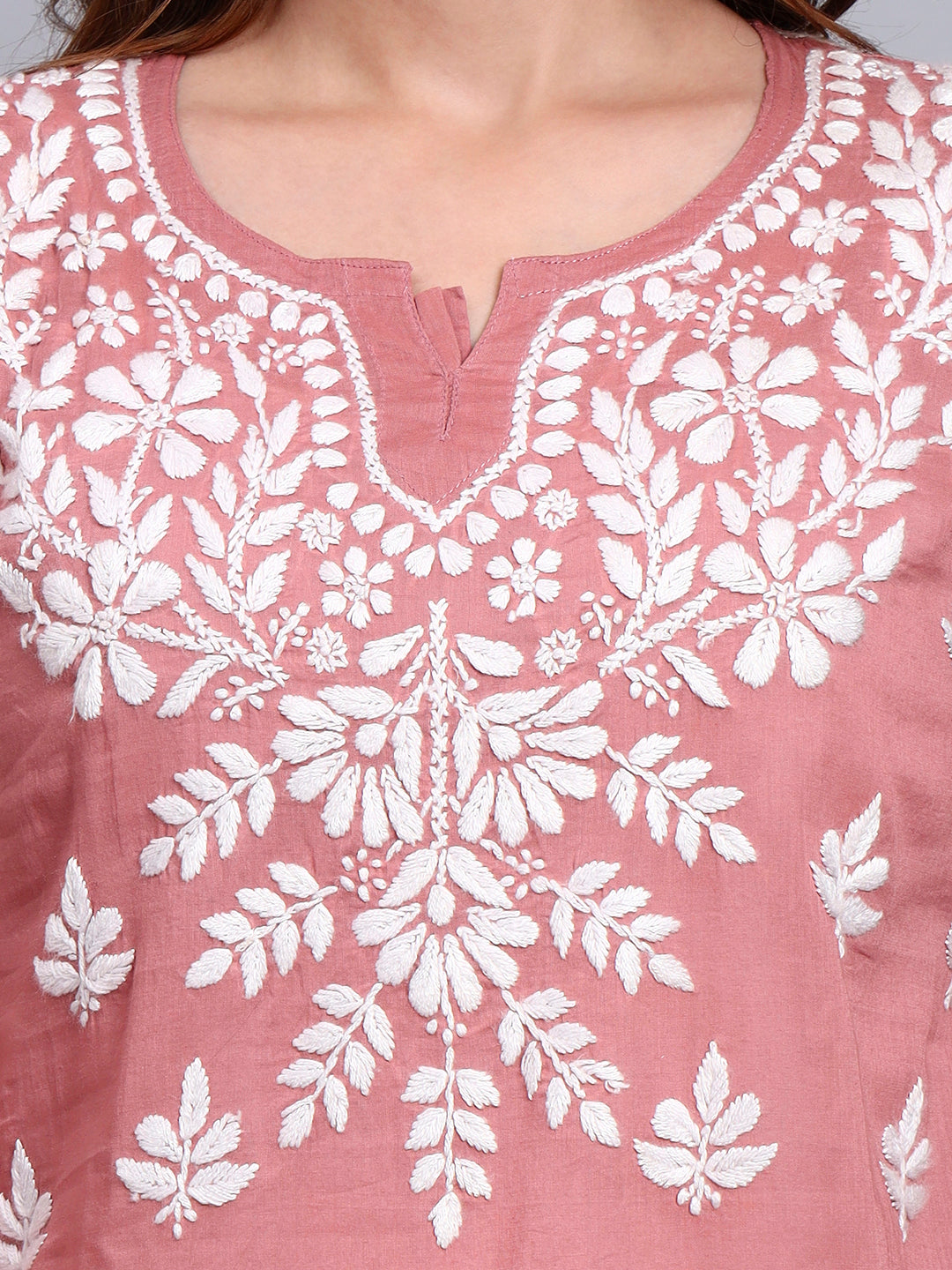 Women Hand Embroidered Chikankari Mulmul Short Top -AL3724 Rust