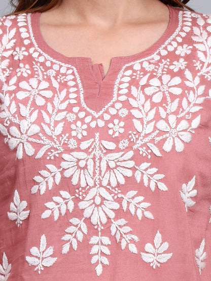 Women Hand Embroidered Chikankari Mulmul Short Top -AL3724 Rust