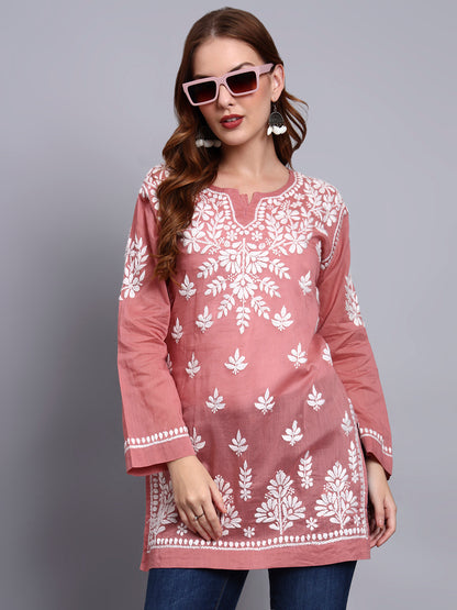 Women Hand Embroidered Chikankari Mulmul Short Top -AL3724 Rust