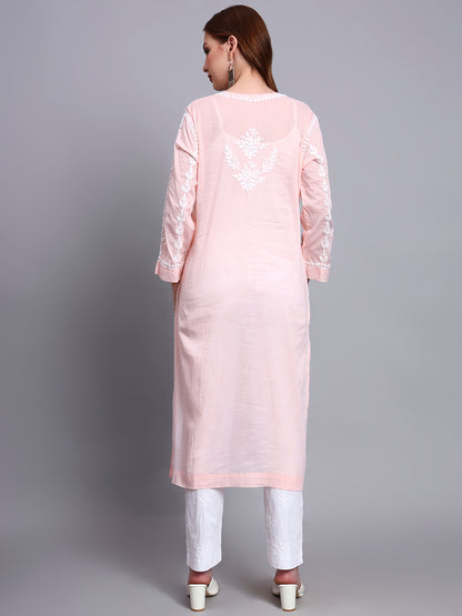 Women Hand Embroidered Chikankari Mulmul Kurti -AL3757 Peach