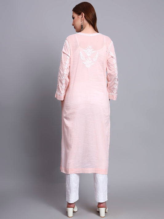 Women Hand Embroidered Chikankari Mulmul Kurti -AL3757 Peach