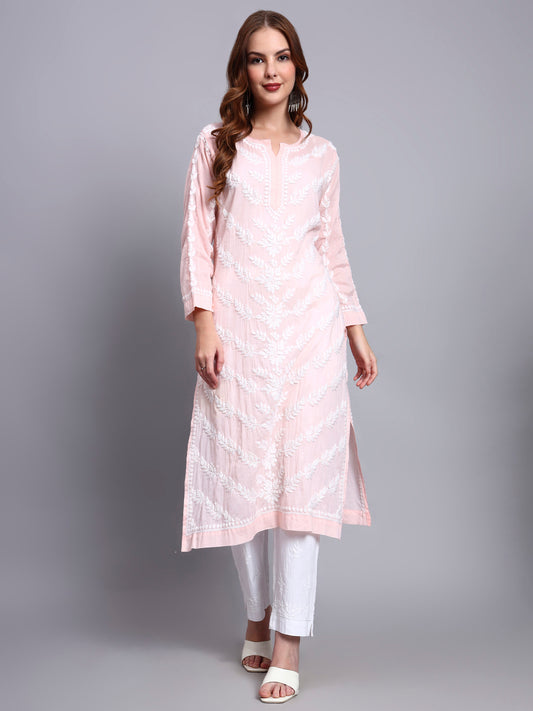 Women Hand Embroidered Chikankari Mulmul Kurti -AL3757 Peach