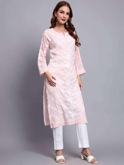 Women Hand Embroidered Chikankari Mulmul Kurti -AL3757 Peach