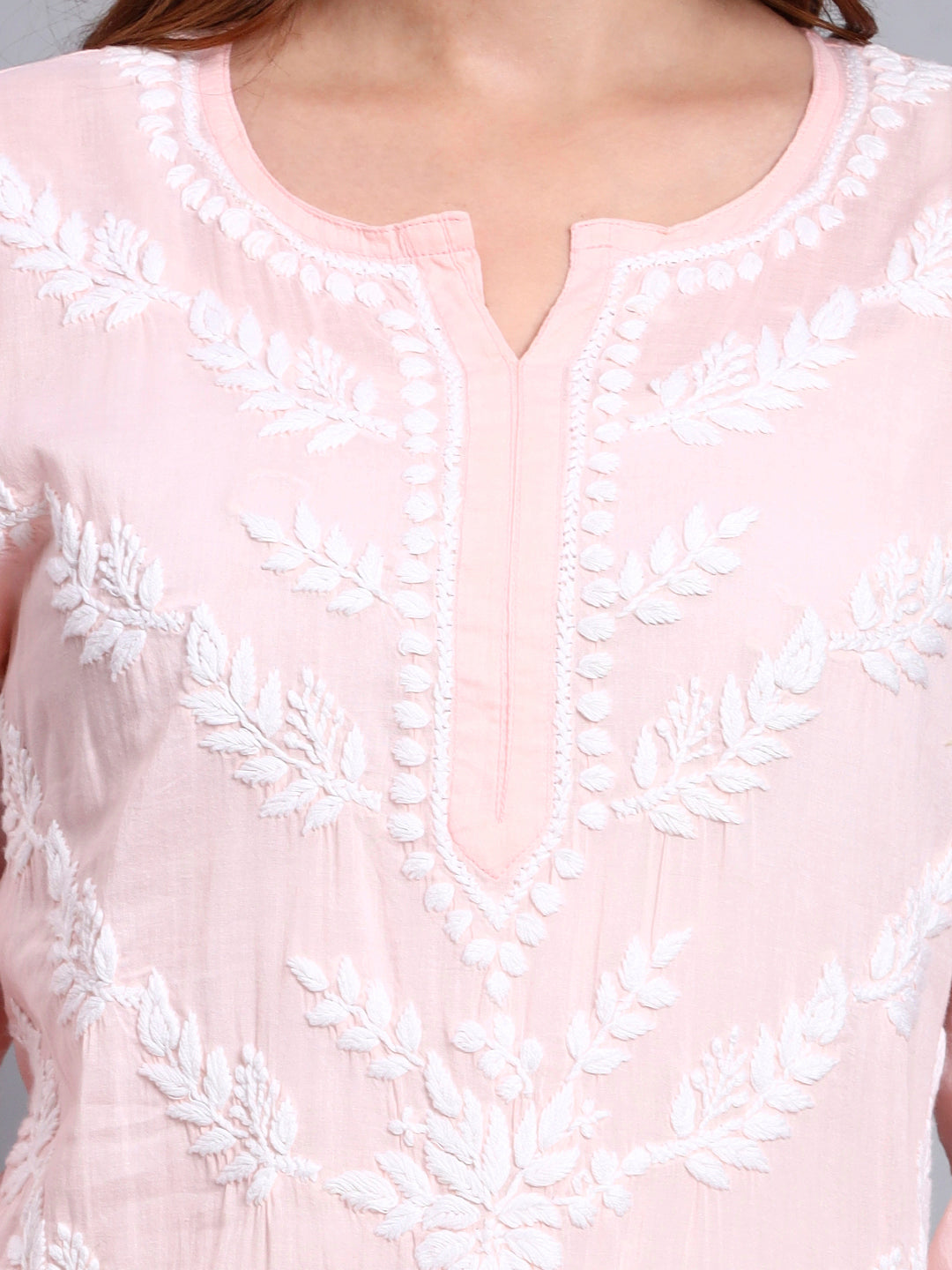 Women Hand Embroidered Chikankari Mulmul Kurti -AL3757 Peach