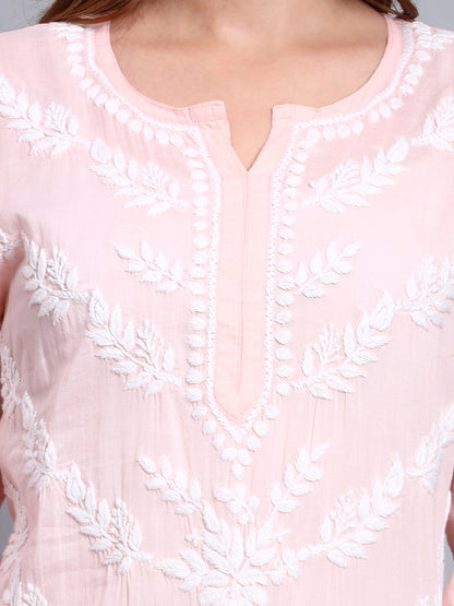 Women Hand Embroidered Chikankari Mulmul Kurti -AL3757 Peach