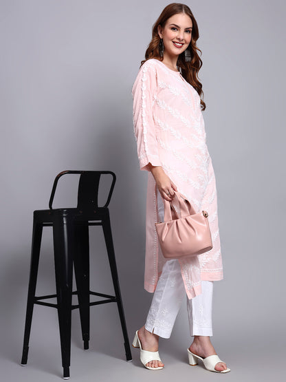 Women Hand Embroidered Chikankari Mulmul Kurti -AL3757 Peach