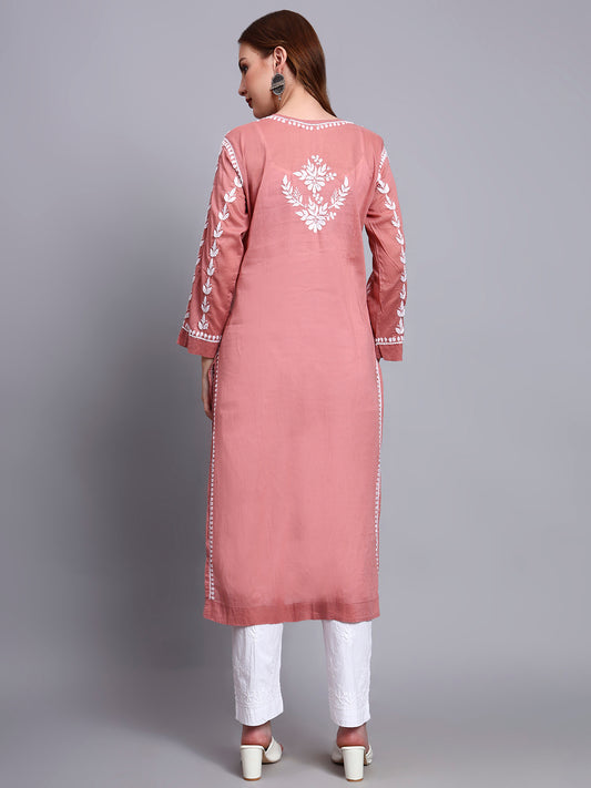 Women Hand Embroidered Chikankari Mulmul Kurti -AL3757 Rust