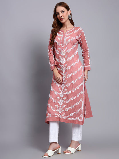 Women Hand Embroidered Chikankari Mulmul Kurti -AL3757 Rust