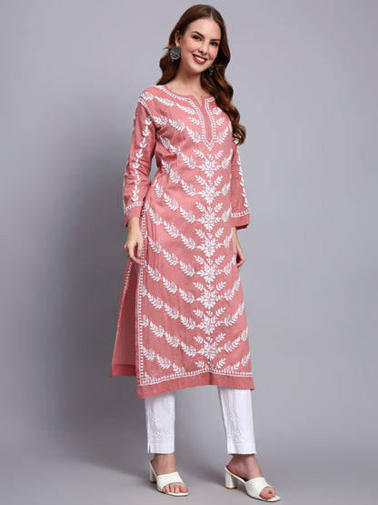 Women Hand Embroidered Chikankari Mulmul Kurti -AL3757 Rust