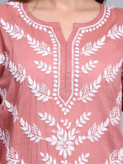 Women Hand Embroidered Chikankari Mulmul Kurti -AL3757 Rust