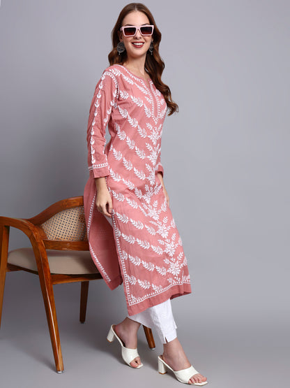Women Hand Embroidered Chikankari Mulmul Kurti -AL3757 Rust