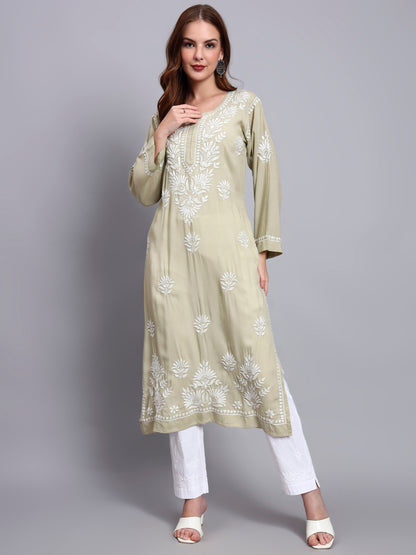 Hand Embroidered Chikankari Modal Straight Kurta-AL3683 Olivegreen