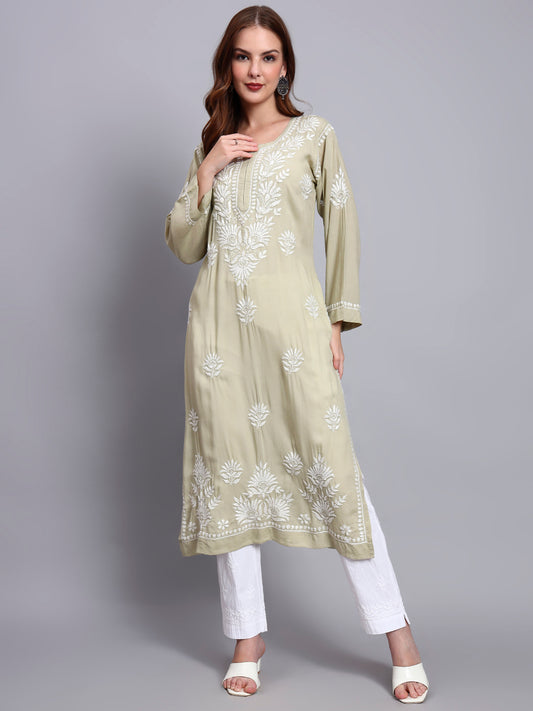 Hand Embroidered Chikankari Modal Straight Kurta-AL3683 Olivegreen