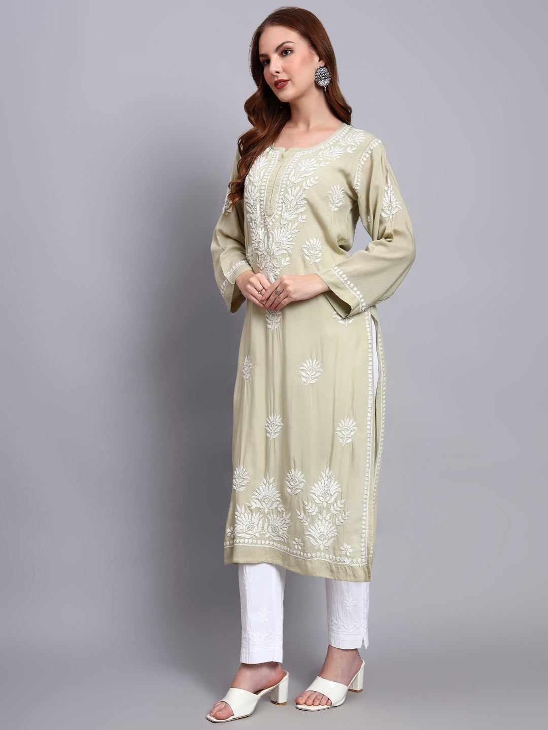 Hand Embroidered Chikankari Modal Straight Kurta-AL3683 Olivegreen