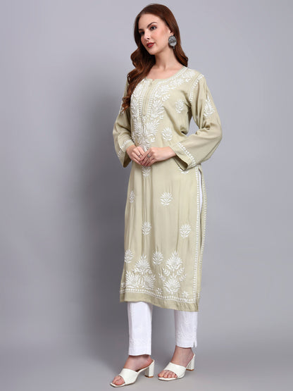 Hand Embroidered Chikankari Modal Straight Kurta-AL3683 Olivegreen