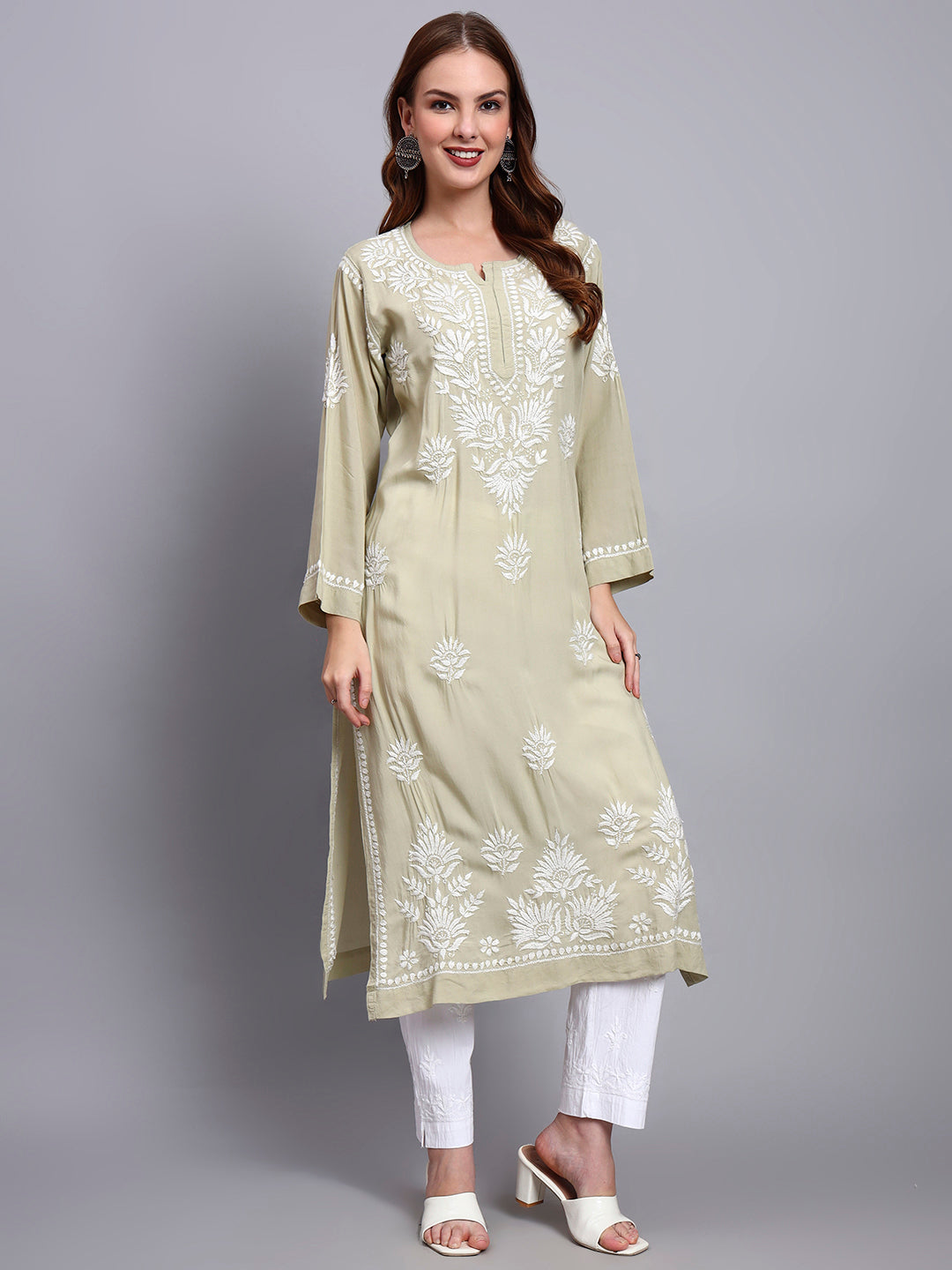 Hand Embroidered Chikankari Modal Straight Kurta-AL3683 Olivegreen