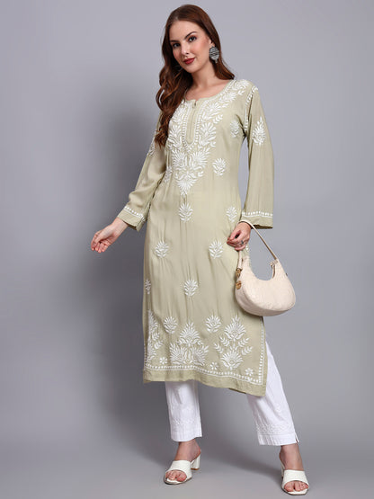 Hand Embroidered Chikankari Modal Straight Kurta-AL3683 Olivegreen