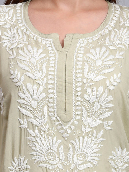 Hand Embroidered Chikankari Modal Straight Kurta-AL3683 Olivegreen