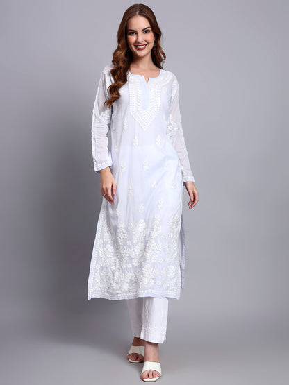 Women Hand Embroidered Chikankari Mulmul Kurti -AL3723 Lavender