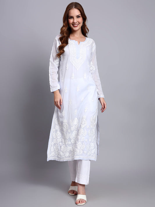 Women Hand Embroidered Chikankari Mulmul Kurti -AL3723 Lavender