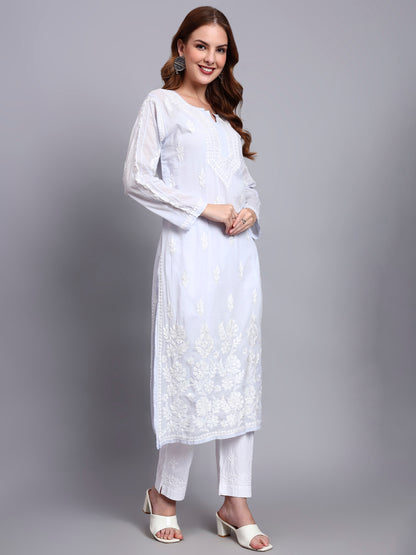 Women Hand Embroidered Chikankari Mulmul Kurti -AL3723 Lavender