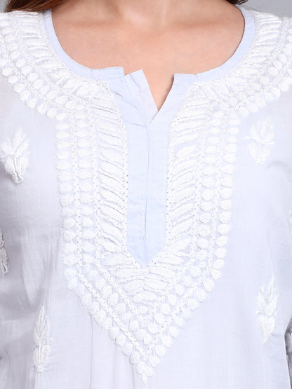 Women Hand Embroidered Chikankari Mulmul Kurti -AL3723 Lavender